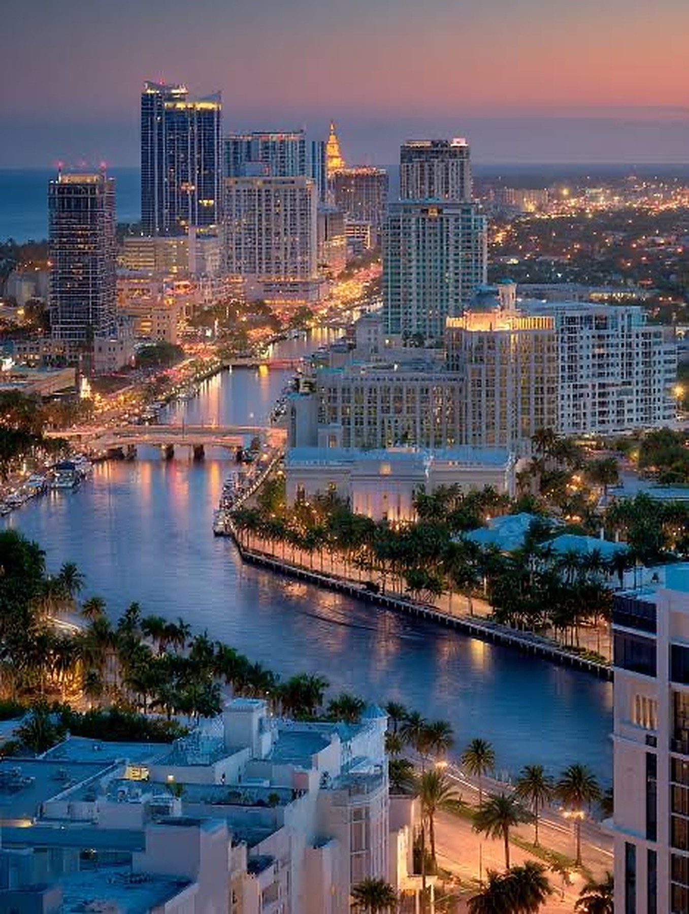 Broward County, Florida skyline and waterfront at dusk